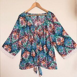 Colorful Bohemian Blouse with Lace Trim  – Vibrant & Unique